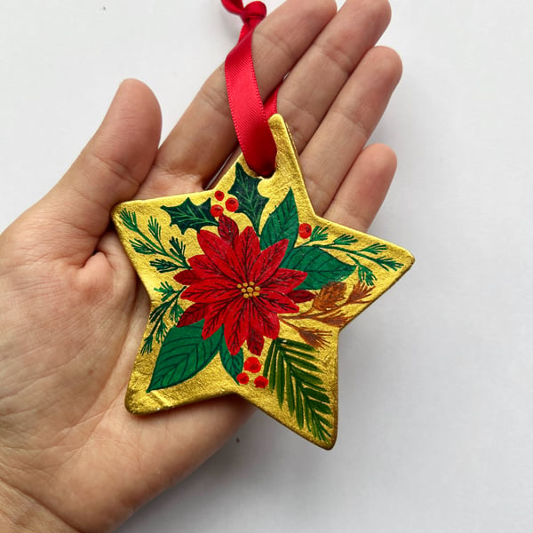 Hand painted Gold Star Ornament with Festive Poinsettia and Florals