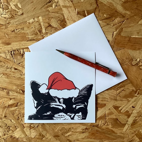 Cute Sleeping Black Cat Christmas Card -  Cat lover Xmas card, Santa cat