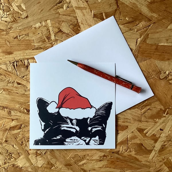 Cute Sleeping Black Cat Christmas Card -  Cat lover Xmas card, Santa cat
