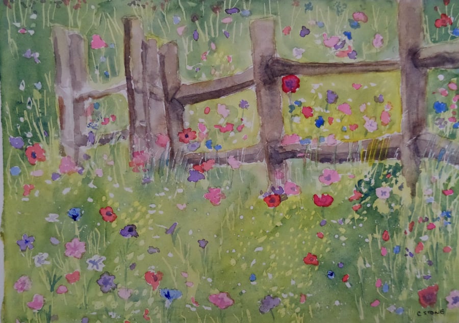 Summer wild flower meadow small original watercolour painting