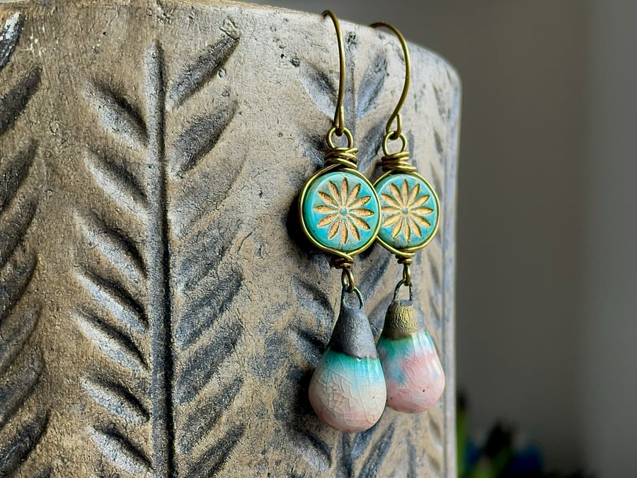 Pink & Turquoise Artisan Ceramic Drop Earrings. Bohemian Style Summer Jewellery