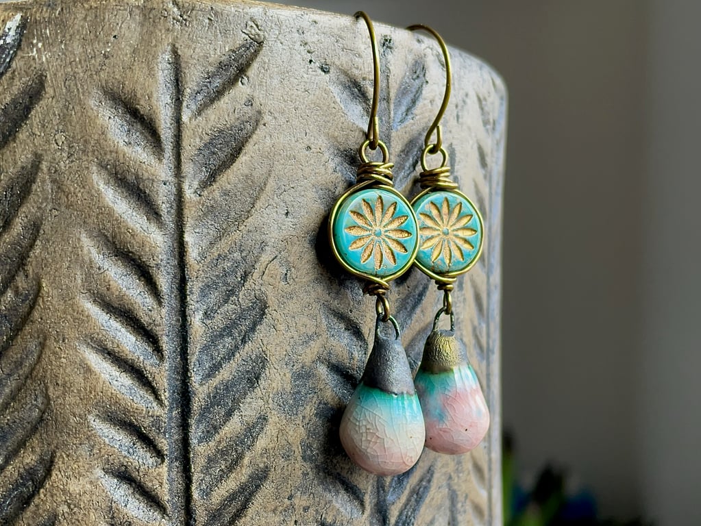 Pink & Turquoise Artisan Ceramic Drop Earrings. Bohemian Style Summer Jewellery