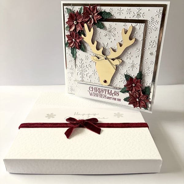 Luxury Handmade Christmas Card - Reindeer & Poinsettias, Boxed Keepsake