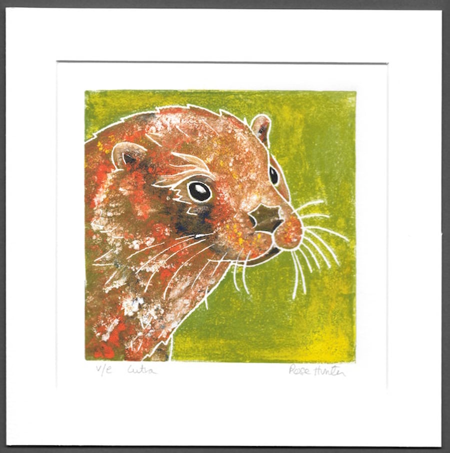 SALE Lutra - Otter original hand painted lino print 003