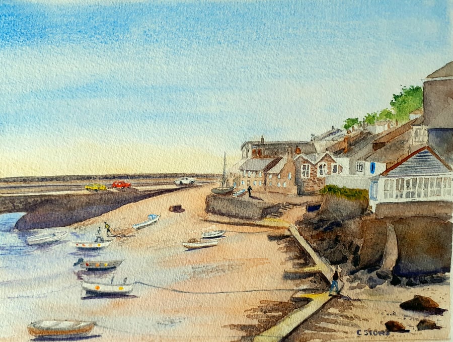 Original watercolour painting, Mousehole Harbour Cornwall at low tide