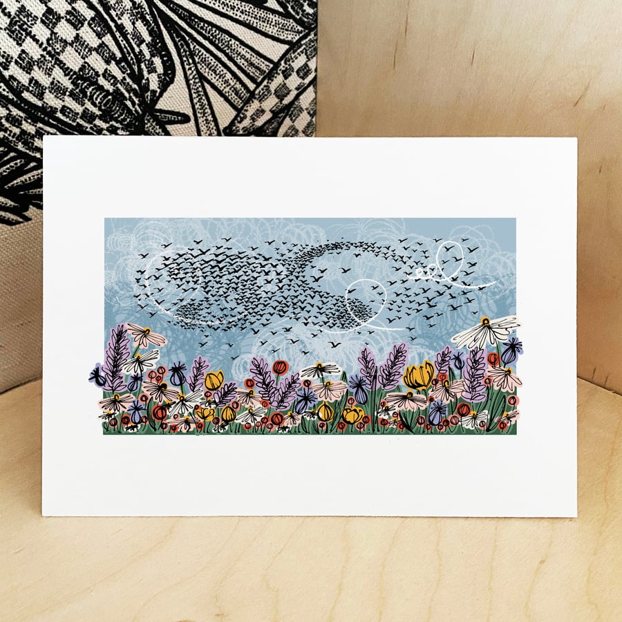 Starling Murmuration Print - Flying Birds Print, Countryside Landscape A3