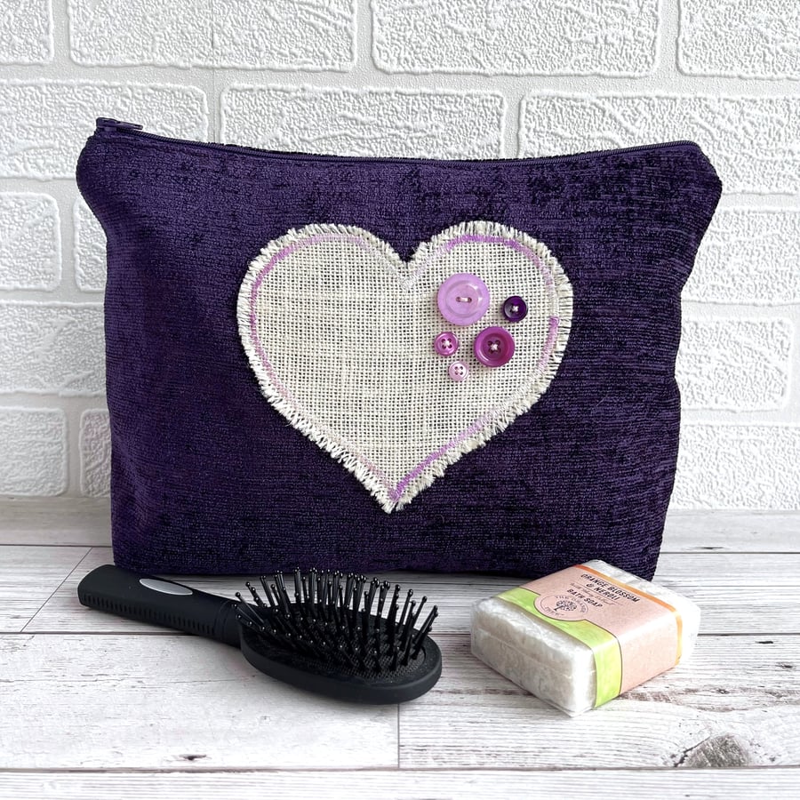 Purple Toiletry Bag with Heart and Buttons