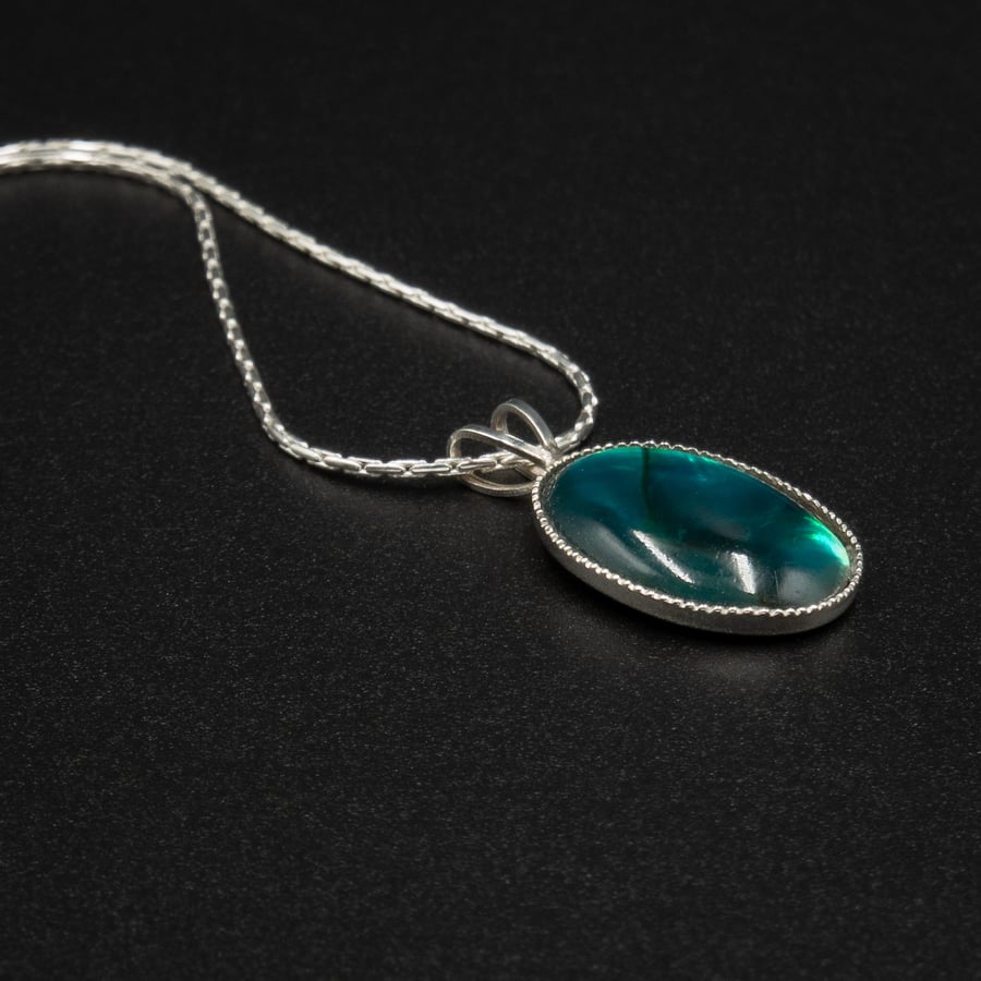Green paua shell and sterling silver pendant necklace , shell jewellery