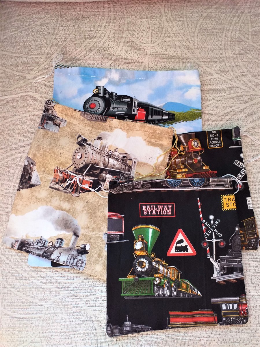 For a private order , not for general sale. Pack of 4 Train Drawstring Bags