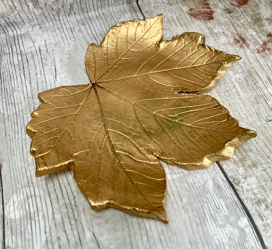 Large Golden Maple Leaf Trinket Dish Jewellery Tray Handmade Clay Autumn Leaves 