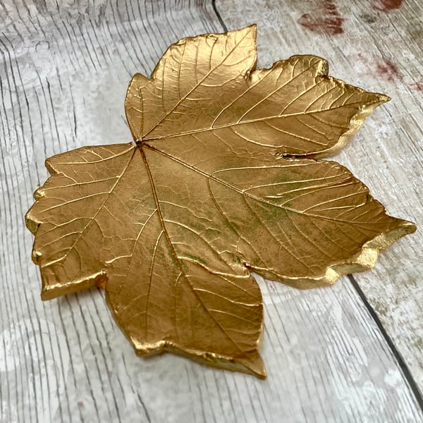 Large Golden Maple Leaf Trinket Dish Jewellery Tray Handmade Clay Autumn Leaves 