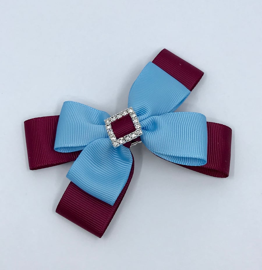 School Wine and light Blue Double Layer Bow on Clip