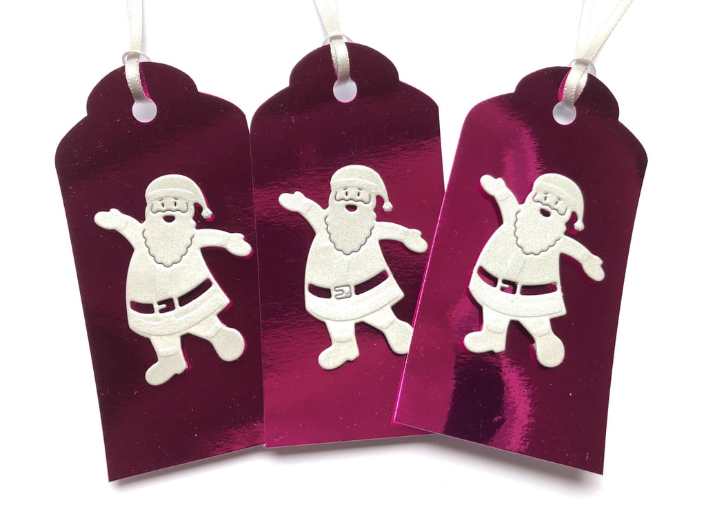 Handmade Pink Mirror Christmas Gift Tags, Silver Santa, Set of 6