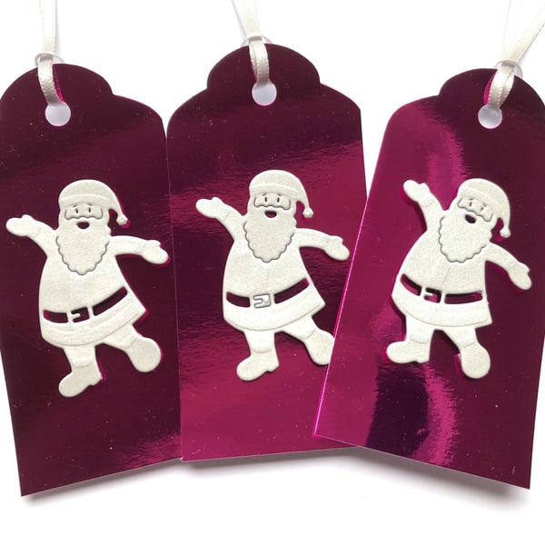 Handmade Pink Mirror Christmas Gift Tags, Silver Santa, Set of 6