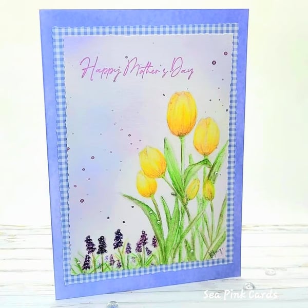 Mother's Day Card original handpainted  - yellow tulips, gingham