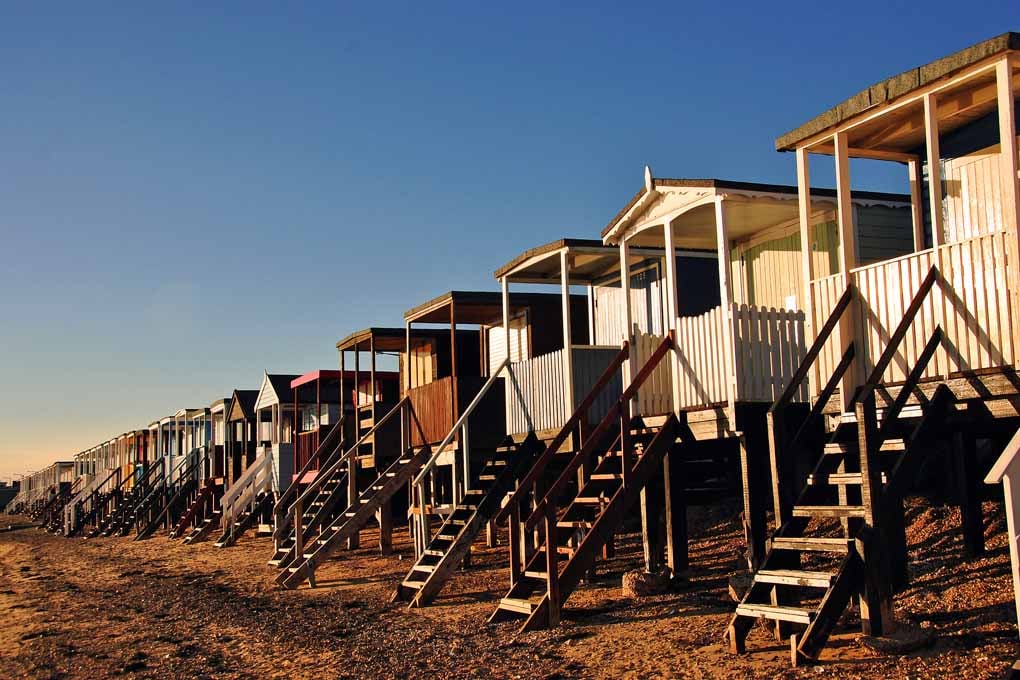 Thorpe bay beach huts Essex UK 18"x12" Print