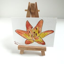 ACEO Orange Lily Original Watercolour & Ink Painting OOAK Flower