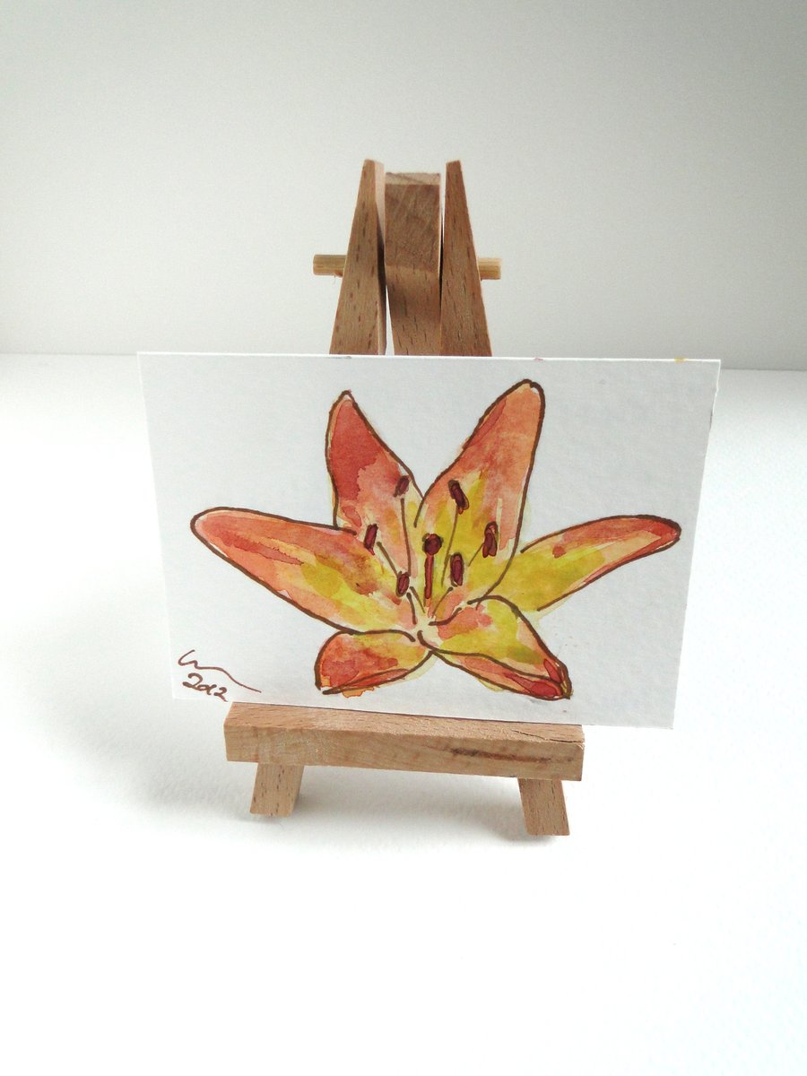ACEO Orange Lily Original Watercolour & Ink Painting OOAK Flower