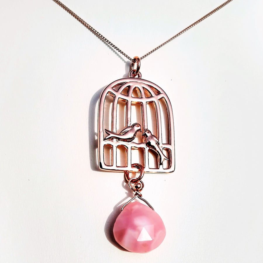 Rose Gold Love Birds & Genuine Pink Opal Pear Drop Pendant Necklace 18 inch