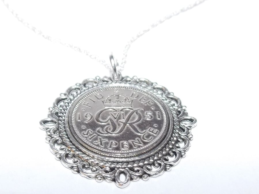 Fancy Pendant 1951 Lucky sixpence 70th Birthday plus a Sterling Silver 18in Chai