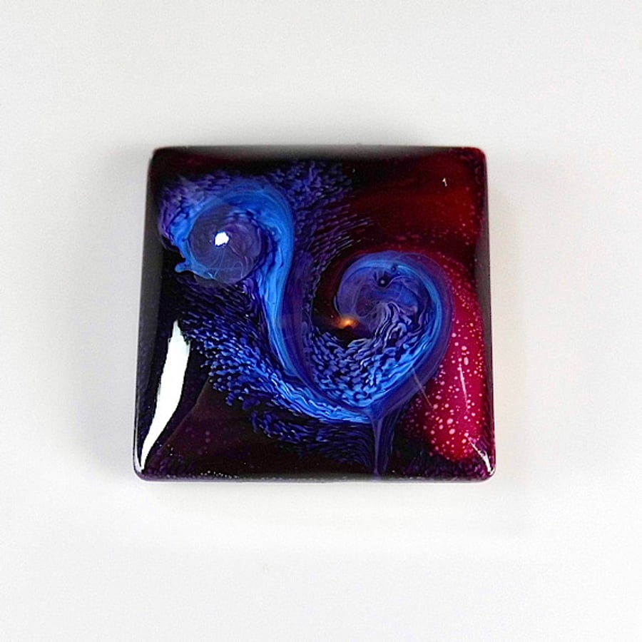 Large Fantasy Square Cabochon in Blues & Red, hand made cabochon