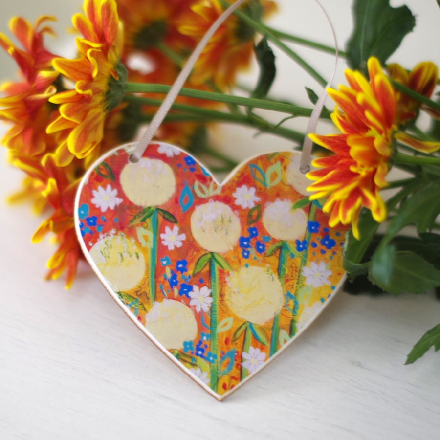 Yellow Hanging Heart, Orange Hanging Decoration, Dandelions Spring Heart