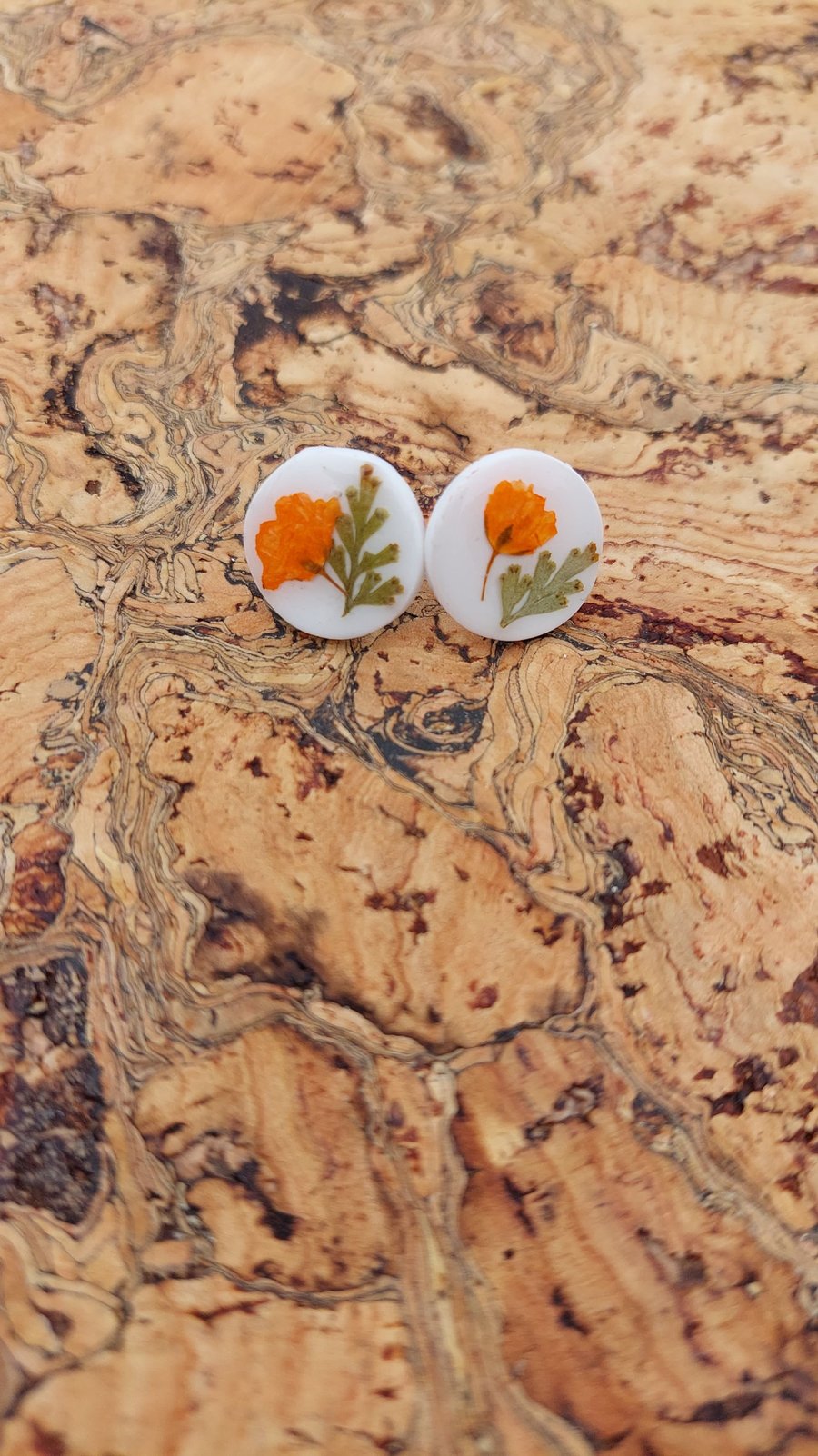 orange pressed flower with greenery stud earrings 