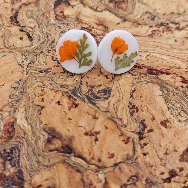 orange pressed flower with greenery stud earrings 