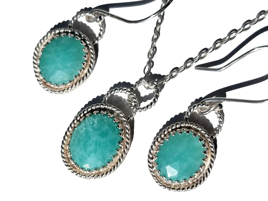 Sterling Silver & Amazonite Necklace Earrings Jewellery Gift Set Handmade