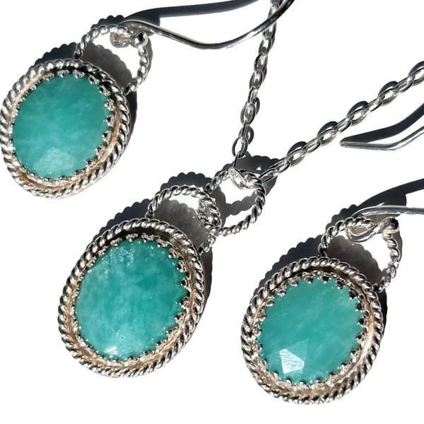 Sterling Silver & Amazonite Necklace Earrings Jewellery Gift Set Handmade