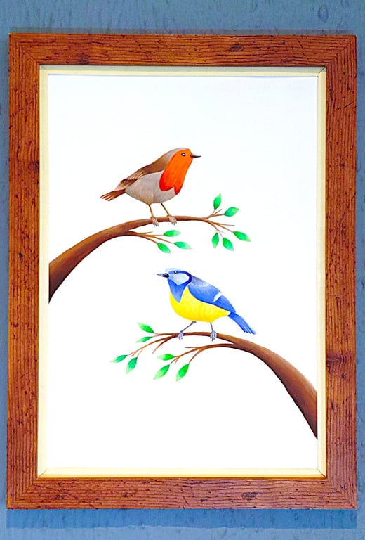 Made in UK Framed A3 Print Colourful Blue Tit Red Robin Vanilla Border Wallart