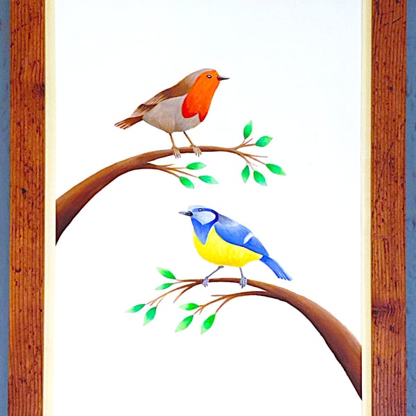Made in UK Framed A3 Print Colourful Blue Tit Red Robin Vanilla Border Wallart