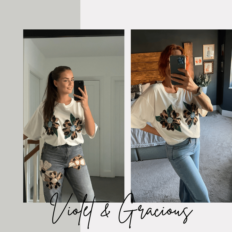 Handmade Boob Flower T-shirt . Off White . Applique . size L