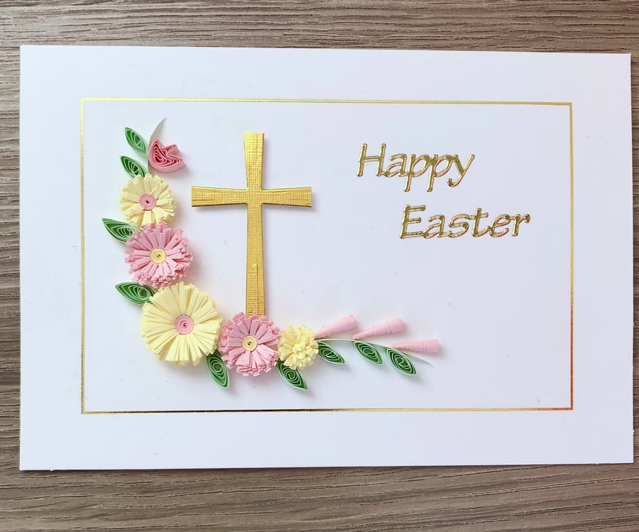 Quilled Happy Easter greeting card, with pink lemon quilling flowers