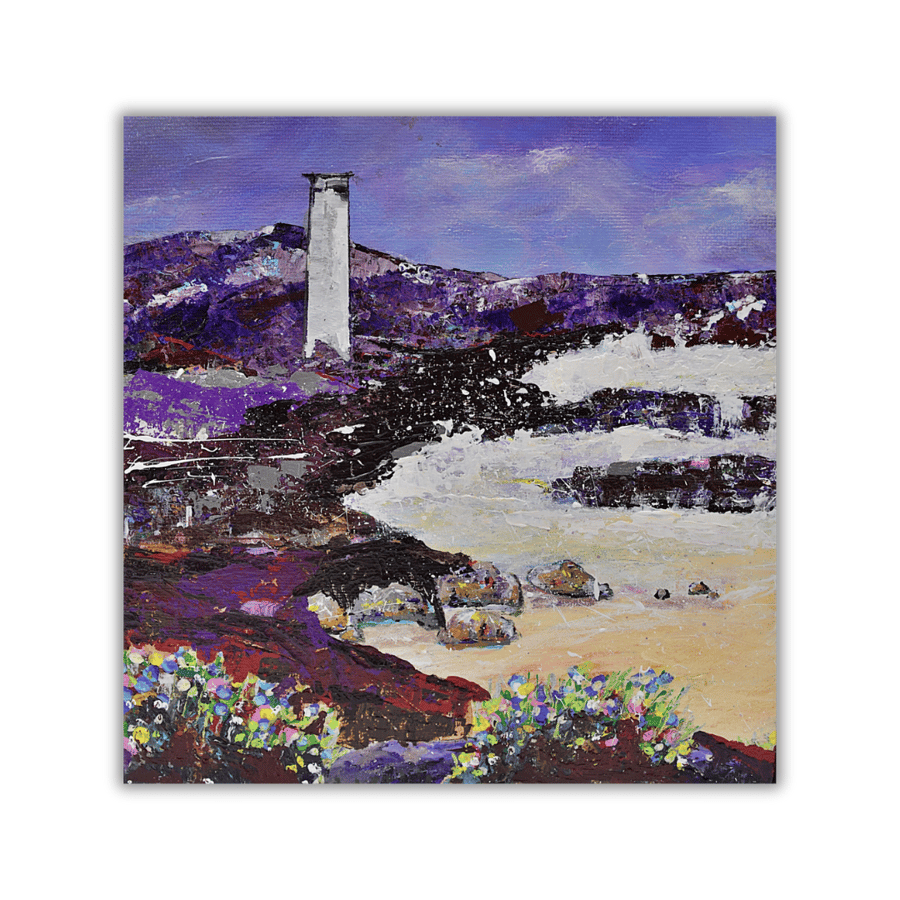 Coast painting - coastal landscape - lighthouse - framed - cliffs - wildflowers