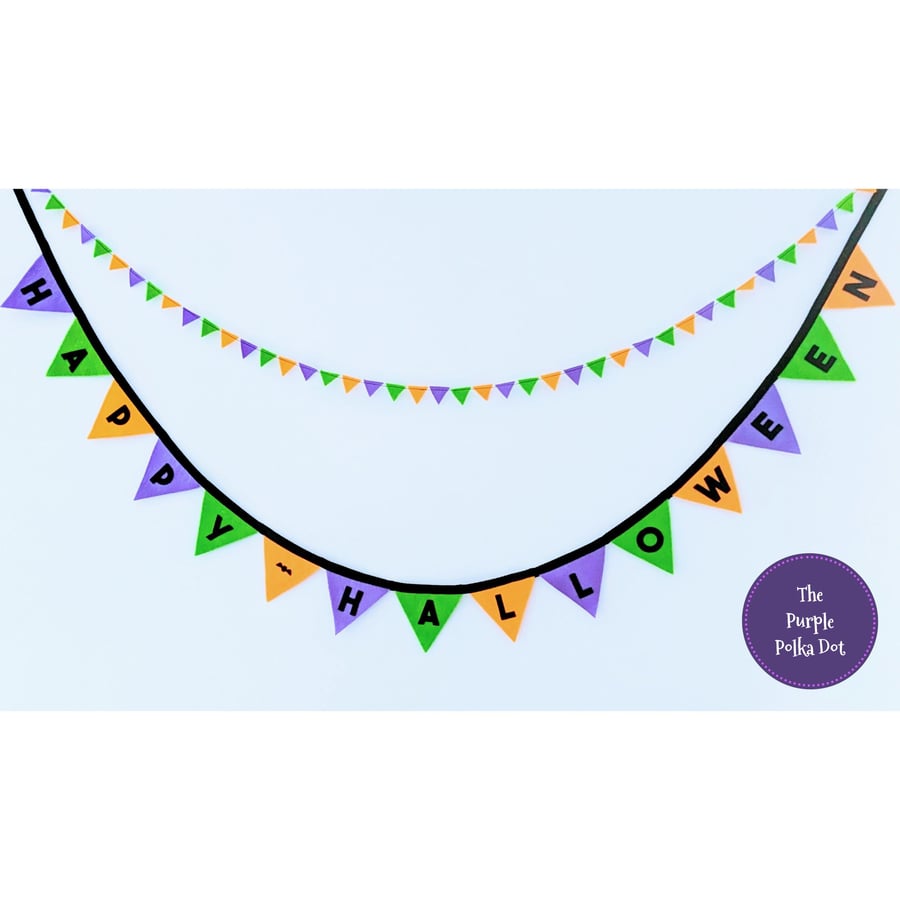 Happy Halloween bunting handmade from wool blend felt in purple, orange, green