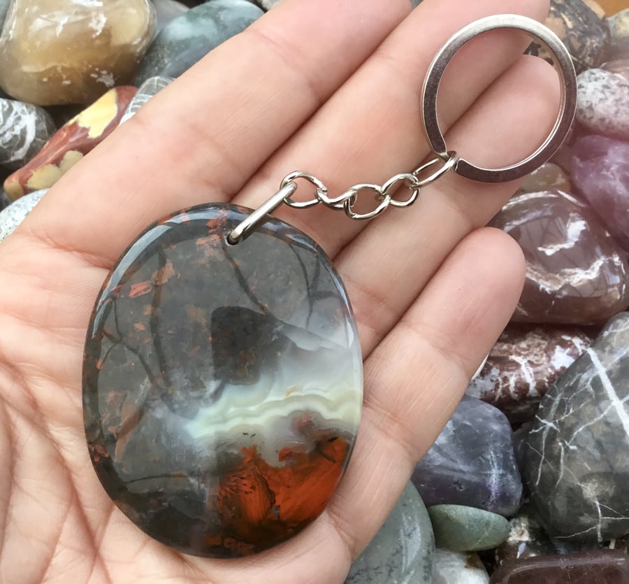 Amazing Substantial Pigeons Blood Jasper Gemstone Keyring or Handbag Charm.