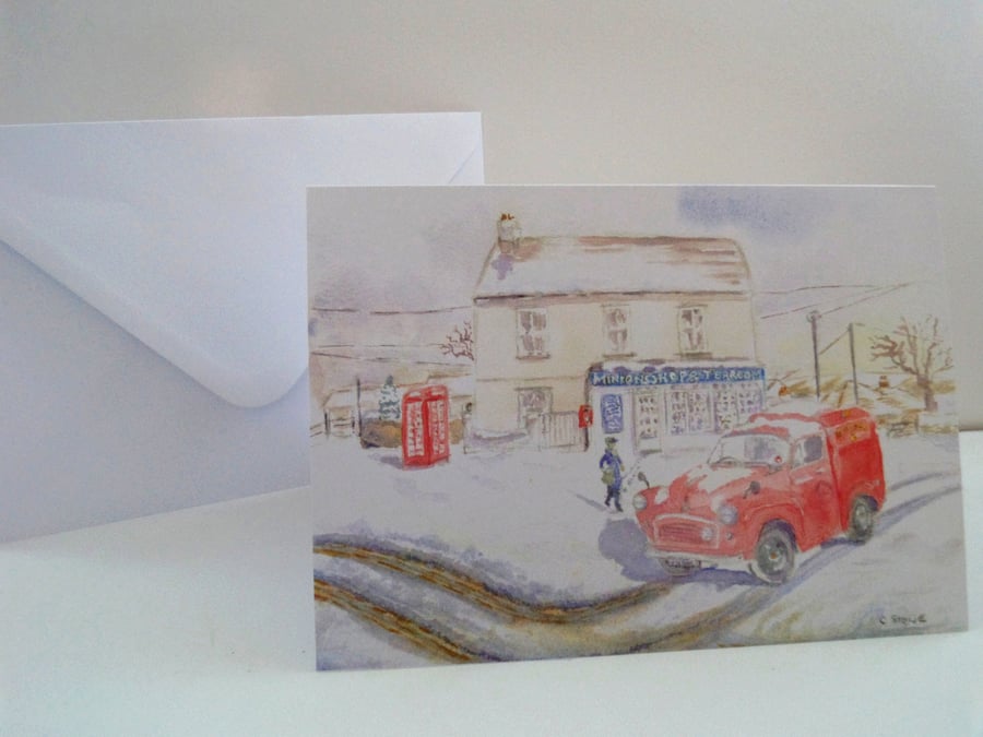 Greetings card Morris Minor mail van  Bodmin Moor Cornwall winter scene