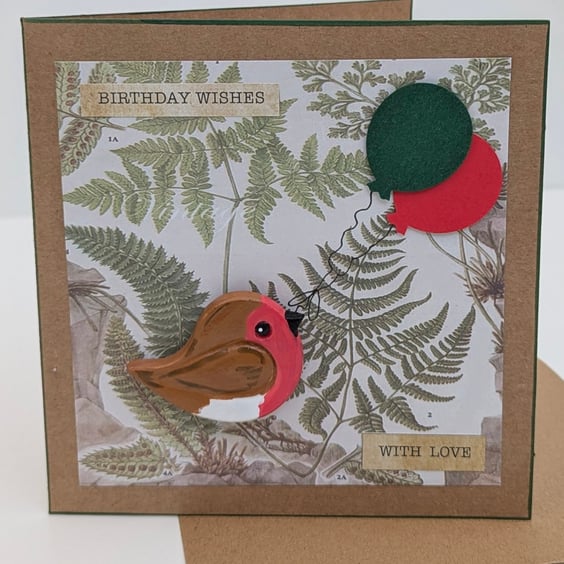 Handmade birthday card with removable hand painted clay robin magnet keepsake 