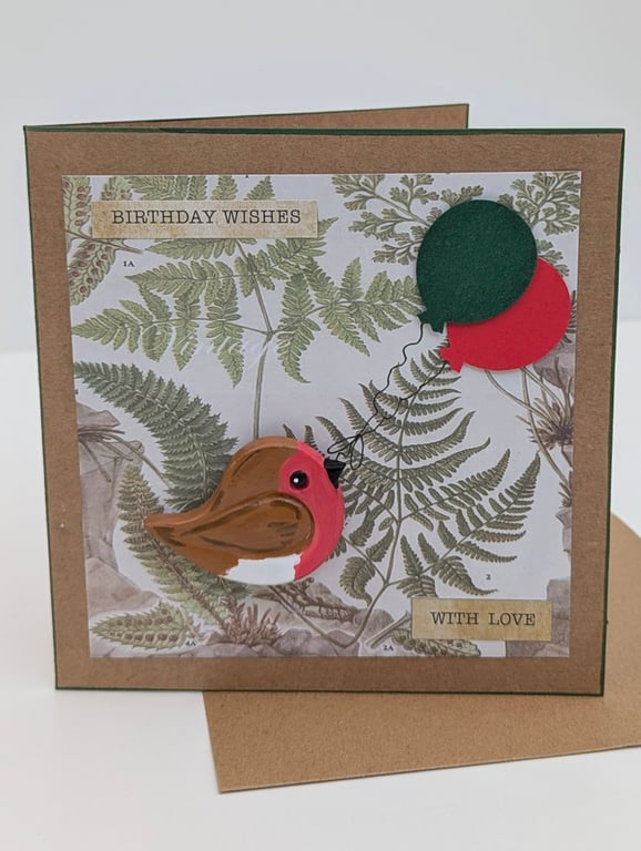 Handmade birthday card with removable hand painted clay robin magnet keepsake 