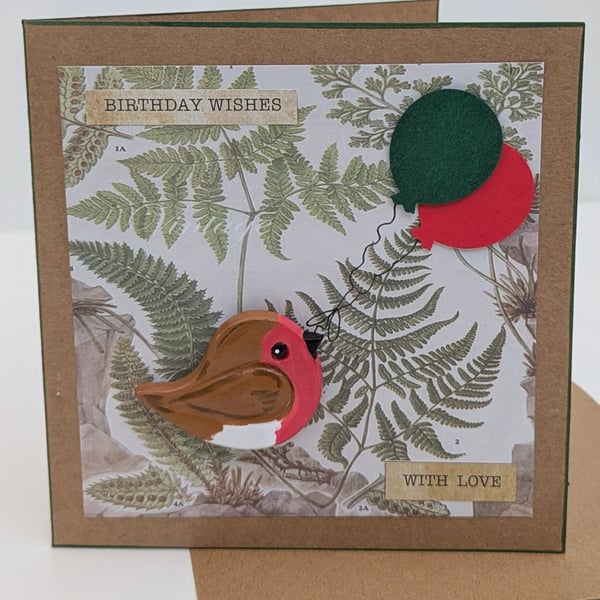 Handmade birthday card with removable hand painted clay robin magnet keepsake 