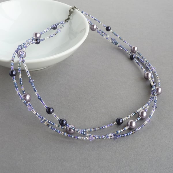 Lilac Twisted Multi-strand Necklace - Purple and Violet Beaded Jewellery