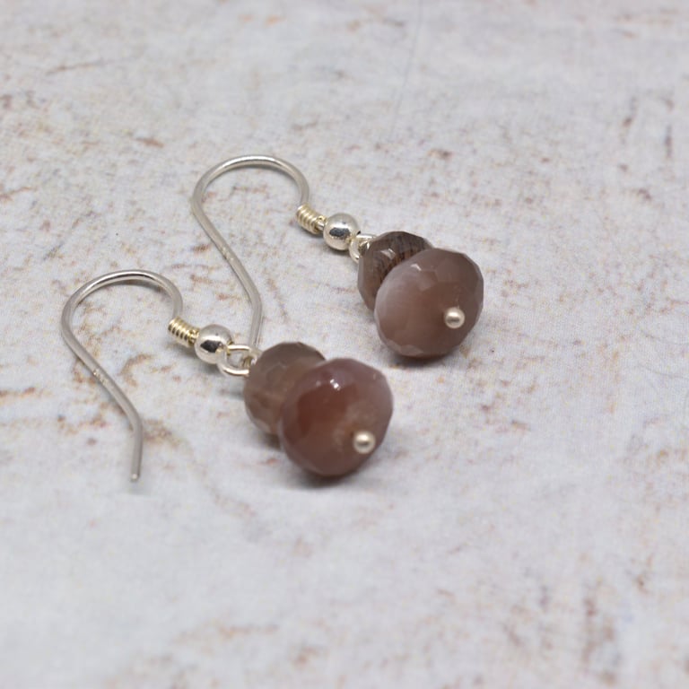 Faceted Chocolate Moonstone and Sterling Silver Earrings