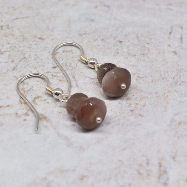 Faceted Chocolate Moonstone and Sterling Silver Earrings