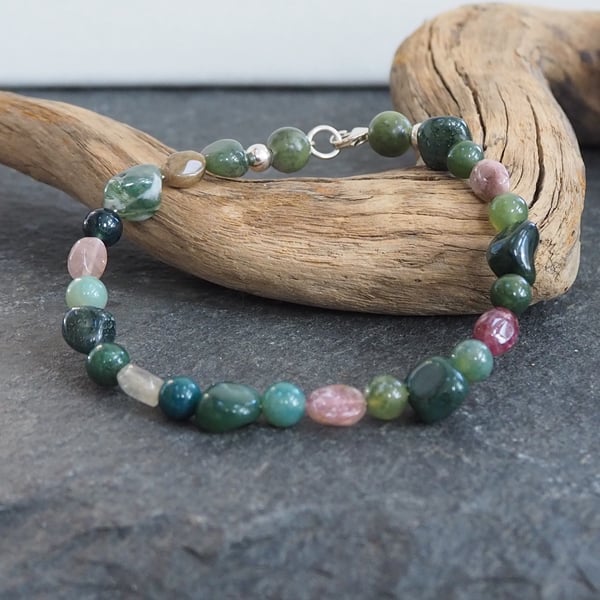 Gemstone beaded sterling silver bracelet, semi-precious stone beads
