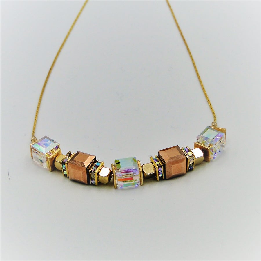 Necklace  - Swarovski crystal cubes - Gold and crystal clear sparkling - gift