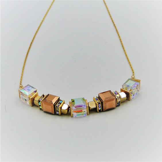 Necklace  - Swarovski crystal cubes - Gold and crystal clear sparkling - gift