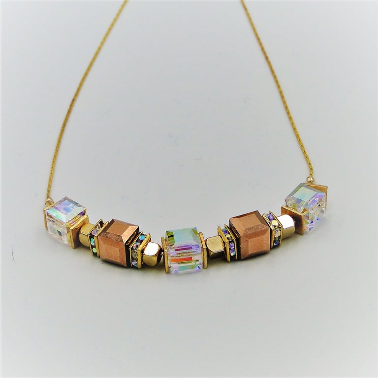 Necklace  - Swarovski crystal cubes - Gold and crystal clear sparkling - gift