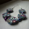 FLORAL GREY FABRIC COVERED BEADS AND SILVER NECKLACE.  1004