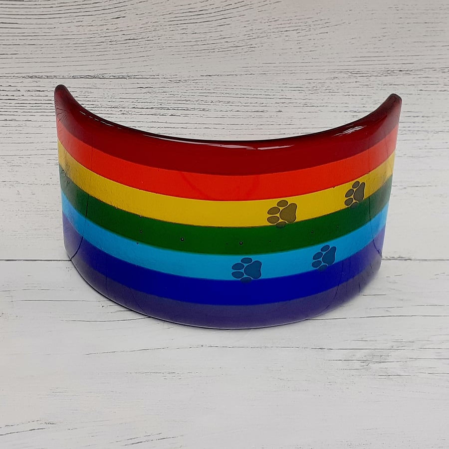 Fused glass rainbow bridge arch curve freestanding panel with paw prints